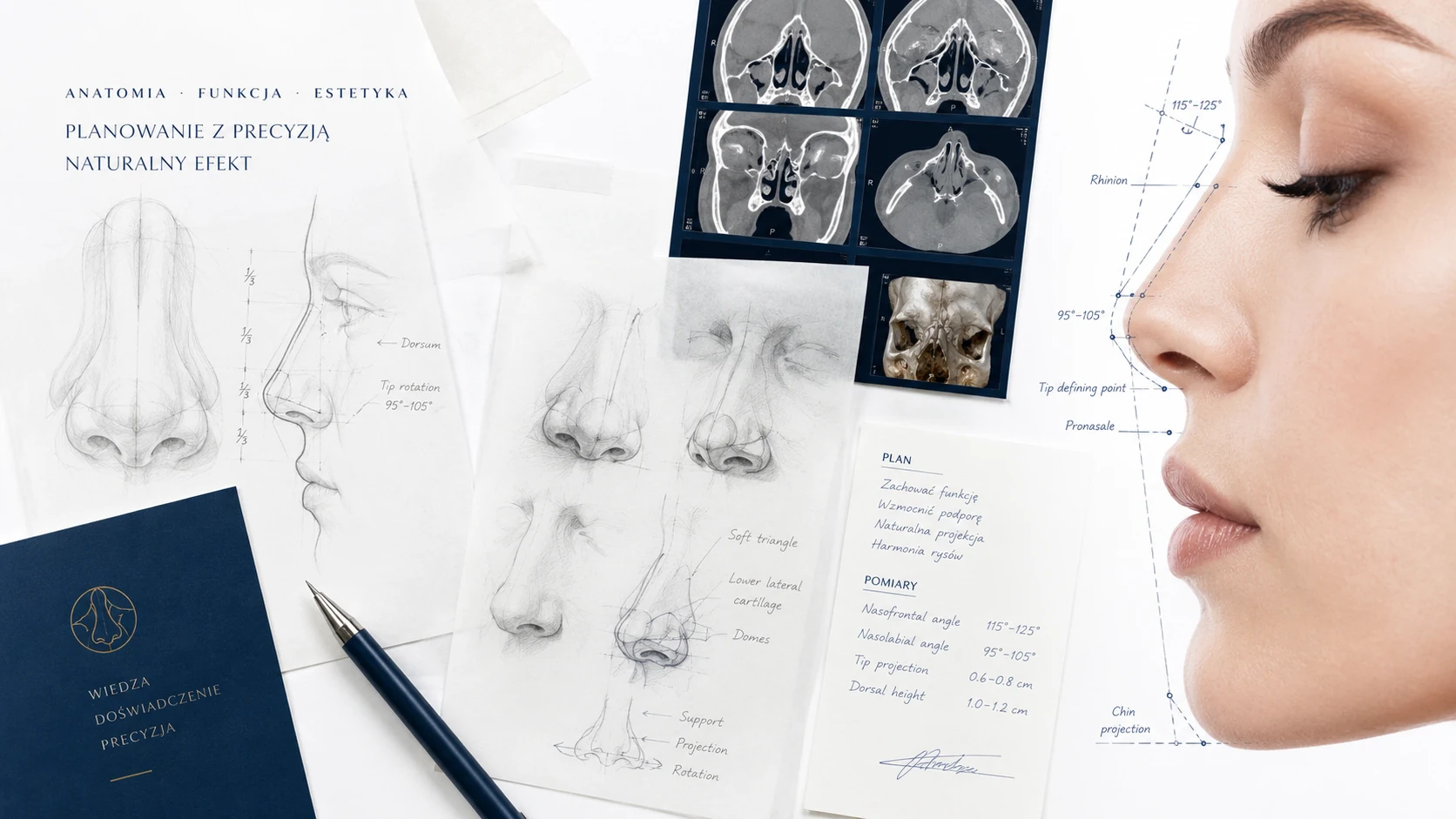 Eksperckie planowanie korekcji nosa: szkice anatomiczne, TK i analiza profilu pacjentki